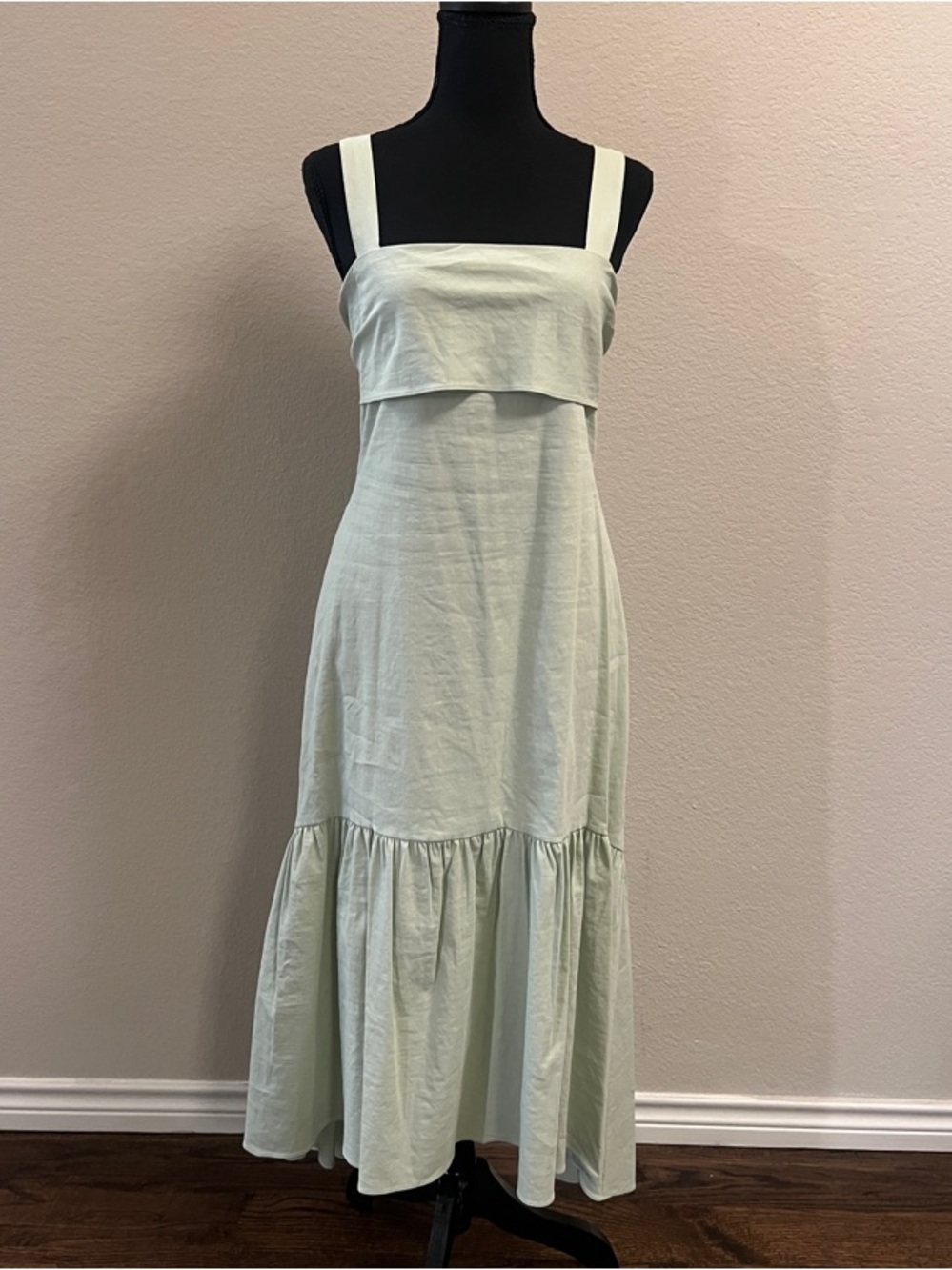 Theory Mint Tie Back Midi Dress Eco Crunch Wash Sleeveless Ruffle Hem NWT